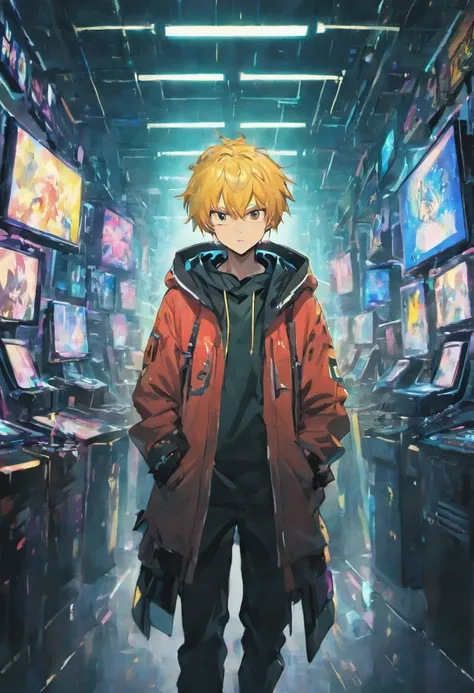 Male standing in the middle with expressions and poses of confusion and dispare he is being surrounded by many screens with a look of confusion and anger he is wearing a hoodie it’s a cyberpunk environment the background is white the male is holding a larg...