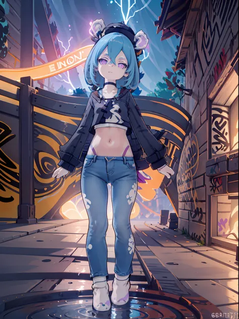 Melousine | genshin impact, master-piece, bestquality, 1girls,25 years old, proportional body, elongated legs, proportional., crop top, Long Jeans, mediuml breasts, ,bara, crop top, choker, (Graffiti:1.5), Splash with purple lightning pattern., arm behind ...