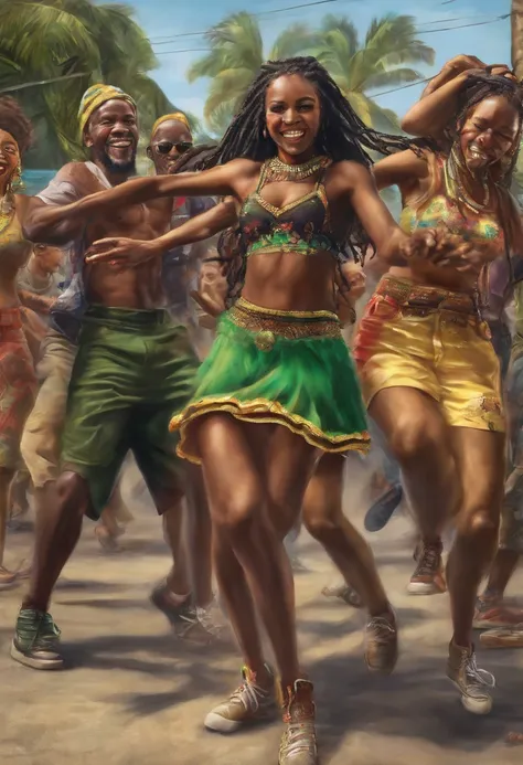 Generate a reggae dance scene with people expressing the joy of rhythm.