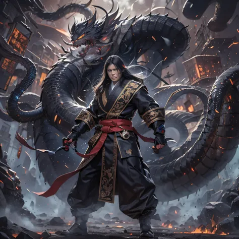 （废墟）eyes filled with angry，He clenched his fists，Rush up，Deliver a fatal blow to your opponent，full bodyesbian，Full Body Male Mage 32K（tmasterpiece，k hd，hyper HD，32K）Long flowing black hair，Campsite size，zydink， a color， patriot （废墟）， （Linen batik scarf）， ...