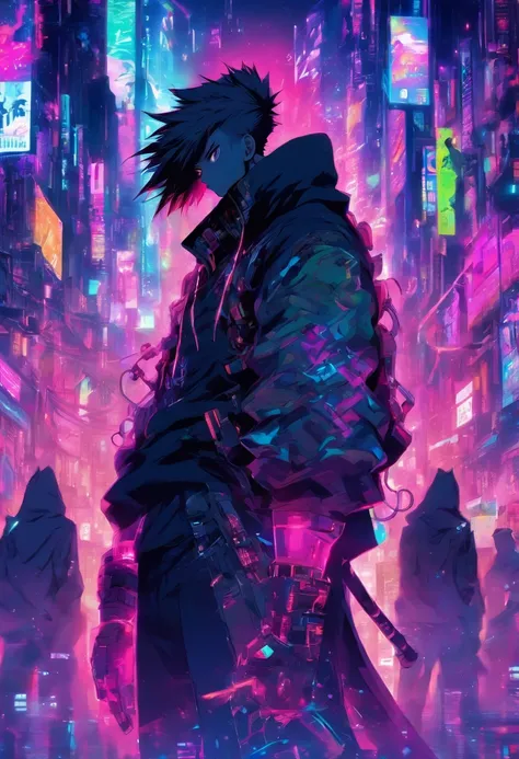 Male standing in the middle with his back turned against the viewer he has expressions and poses of confusion and dispare he is being surrounded by many invisible screens he is wearing a hoodie it’s a cyberpunk environment the background is white the male ...