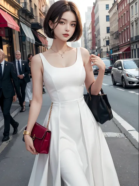 (masterpiece:1.2, best quality), 1lady, solo, upper body
Elegant and timeless dress with high-quality tailoring
makeup
Fashionable city street or an upscale restaurant
Classic handbag and jewelry
sleek bob