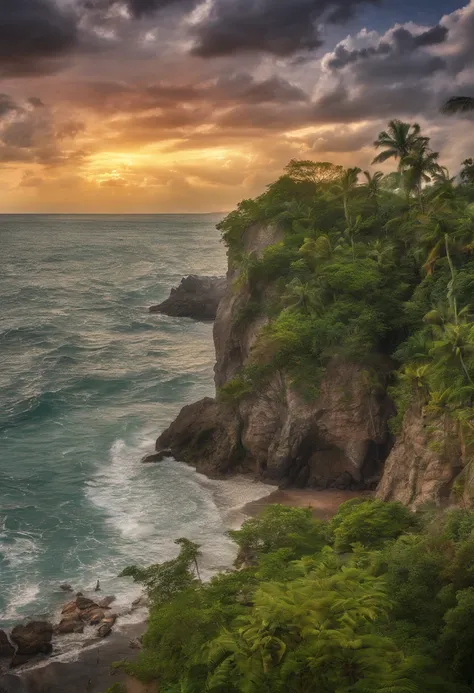 crea el atardecer en jamaica sin gente, colores rasta tipicos de la cultura rastafari, ambiente tranquilo, chill