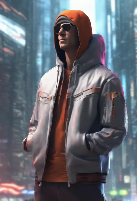 Male standing in the middle with his back turned against the viewer he has expressions and poses of confusion and dispare he is being surrounded by many invisible screens he is wearing a hoodie it’s a cyberpunk environment the background is white the male ...