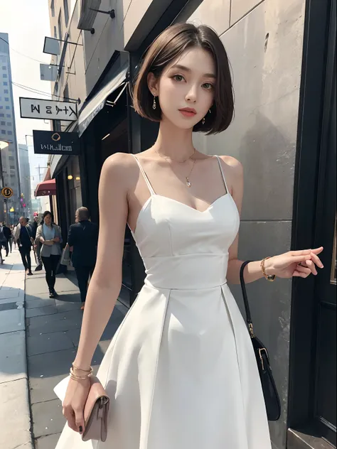 (masterpiece:1.2, best quality), 1lady, solo, upper body
Elegant and timeless dress with high-quality tailoring
makeup
Fashionable city street or an upscale restaurant
Classic handbag and jewelry
sleek bob