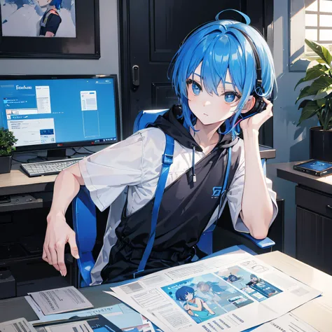 Male child,Blue-haired,head phone,Blue eyes,profile,Sitting on a chair