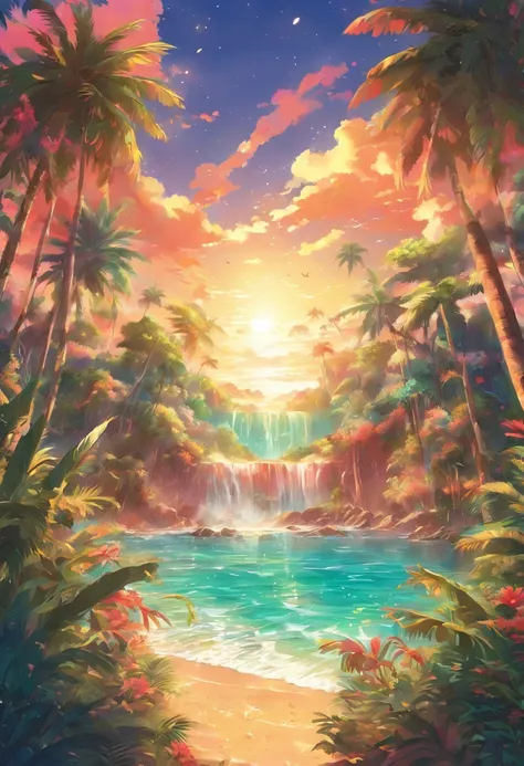 Ilustra un paisaje tropical con elementos reggae, like palm trees and live music