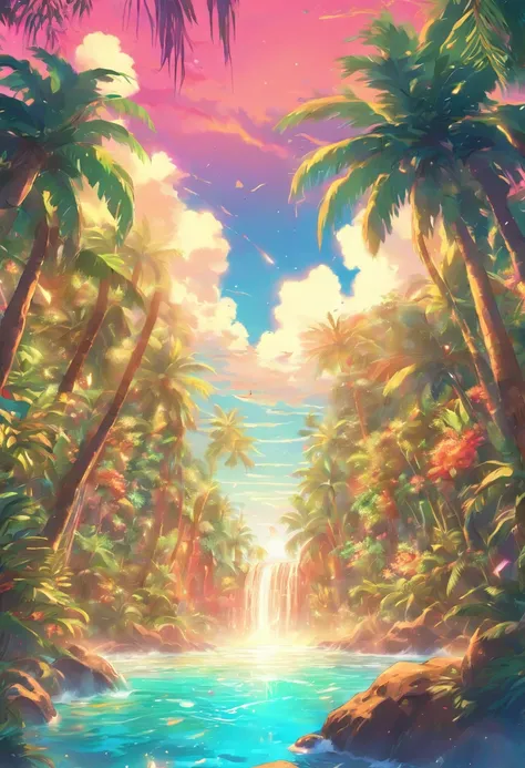 Ilustra un paisaje tropical con elementos reggae, like palm trees and live music