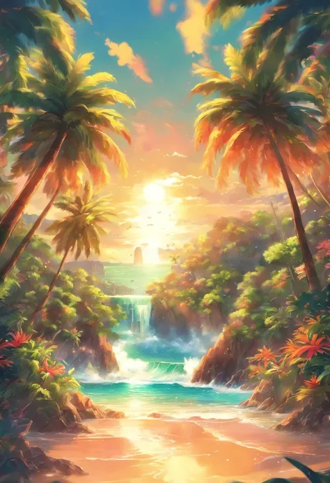 Ilustra un paisaje tropical con elementos reggae, like palm trees and live music, utilizando solamente colores relacionados con la cultura rastafari