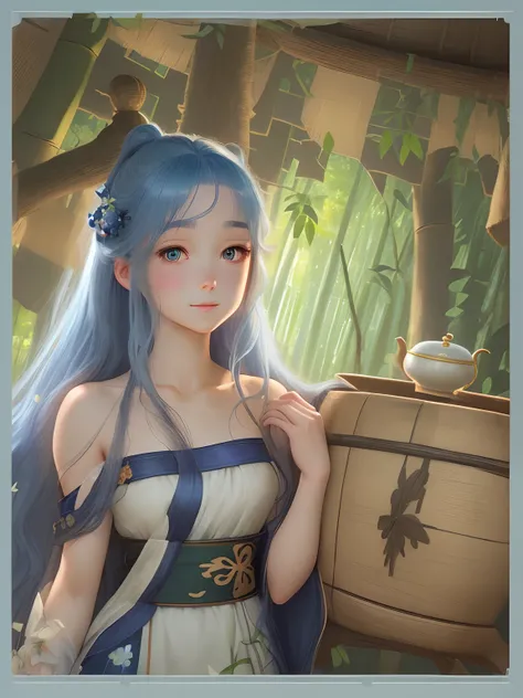 masterpiece, best quality, official art, 8k wallpaper, highly detailed, illustration, 1 girl, Azure hair, long hair, detailed eyes, forrest, bare shoulders, hanfu,lakes, pure, soft smile,bamboo,Tea