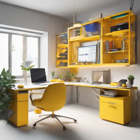 (a web developer working desk in the middle of empty room and clean white space), futuristic, simple shading, white background, yellow color, grey color, navy color, white color, headphone, laptop, desk, chair, paper, monitor, laptop, keyboard