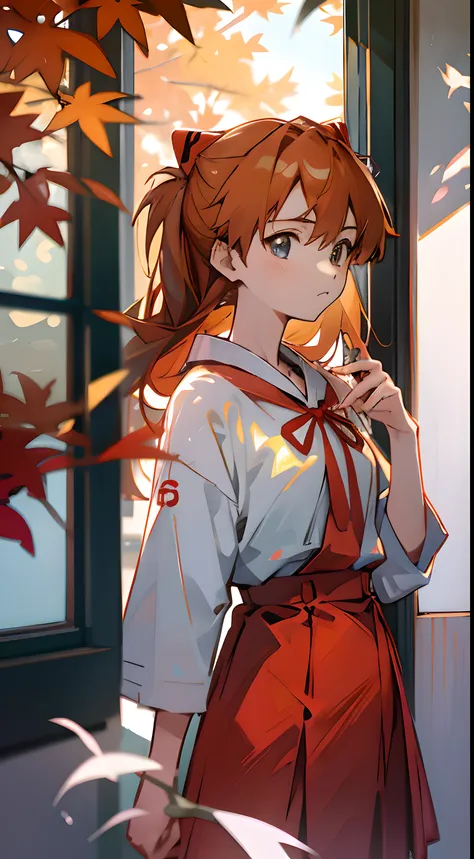 1 girl, asuka,School uniforms in Japan, Evangelion, 8K, best quality, japanese cloth, looking out the window, more details,autumn, cool style, bright colors,sunlight,japan,osmanthus tree,