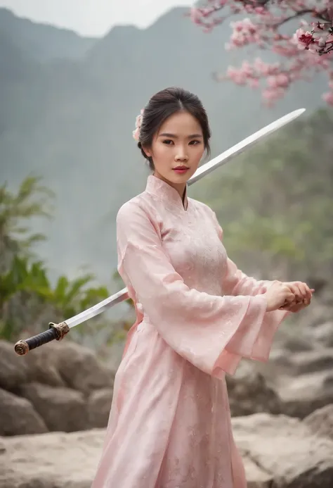 Vietnamese girl in snowy ao dai holding a sword, digital photo, real, win, dragon, battle, peach blossom, light sunshine, Ha Long Bay, fantasy, galaxy