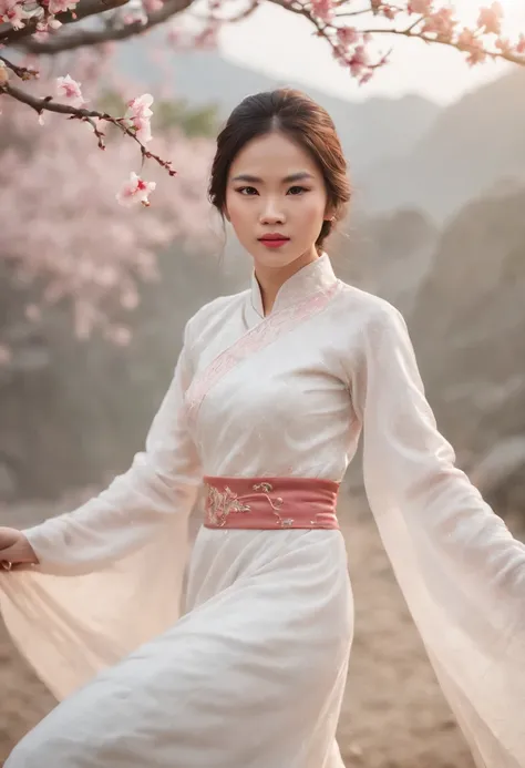 Vietnamese girl in snowy ao dai holding a sword, digital photo, real, win, dragon, battle, peach blossom, light sunshine, Ha Long Bay, fantasy, galaxy