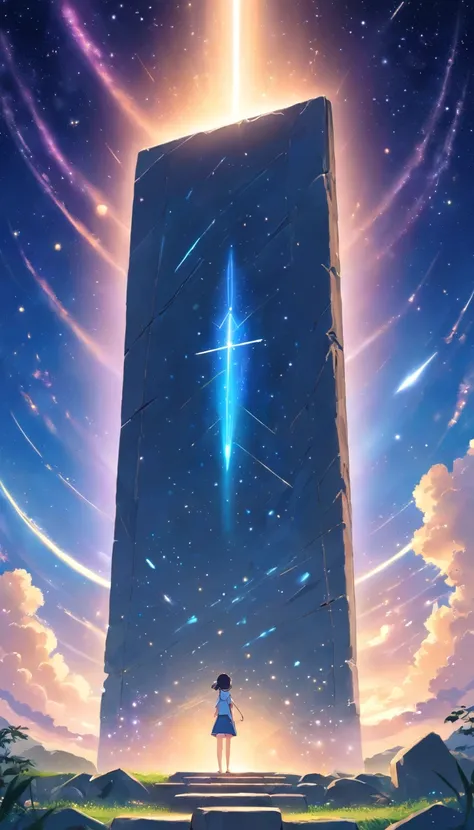 A stone tablet floats in the starry sky，The stele is covered with unknown text，A spaceship hangs in front of a stone monument，There are no characters in the picture，There is no ground either