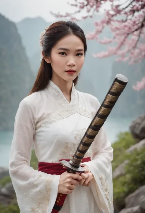 photorealistic, Vietnamese girl in snowy ao dai holding a sword, digital photo, real, win, dragon, battle, peach blossom, light sunshine, Ha Long Bay, fantasy, galaxy