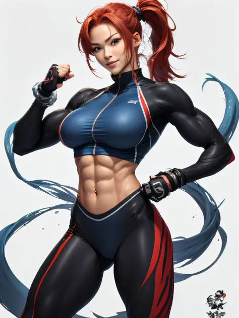 Female Fitness Model、Huge chest on the verge of bursting、thin and long legs、abdominals、musculature、trainingwear、Half Japan and half American.、25-years old、Height 175cm、sportuniversal、Cheerful smile、blue eyes、Red hair、Pony tail、glistning skin、blue eyes、Pose...