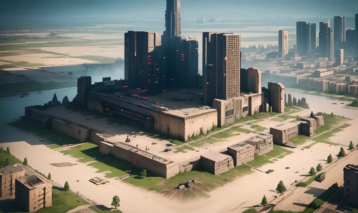 A post-apocalyptic city surrounded by walls，Top-down view，Waste soil style，Well laid out，cyber punk perssonage，There is a lake in the wall，There are many towers and vehicles，The walls are wide and tall，There are many people with firearms on patrol