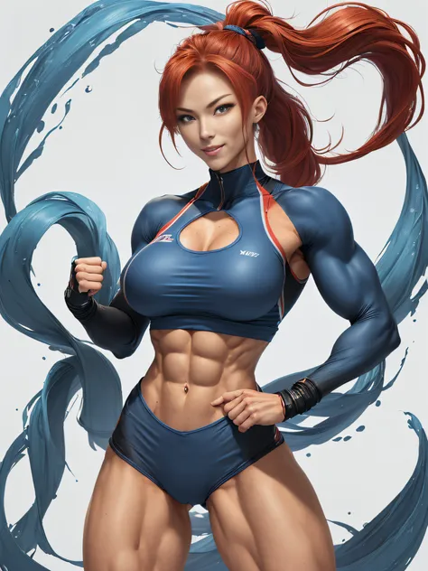 Female Fitness Model、Huge chest on the verge of bursting、thin and long legs、abdominals、musculature、trainingwear、Half Japan and half American.、25-years old、Height 175cm、sportuniversal、Cheerful smile、blue eyes、Red hair、Pony tail、glistning skin、blue eyes、Pose...