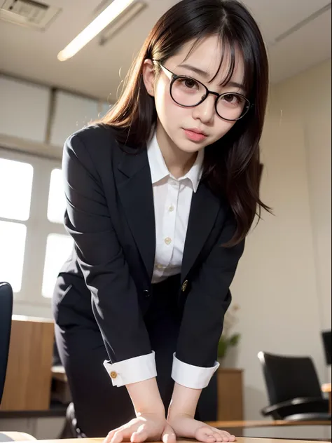 A Japanese Lady、40 years、A little fat、(((Sober woman)))、Small eyes with single eyelids、low nose、small mouth、Wearing a suit、Berry Showhair、(((Black-rimmed glasses)))、Career Woman、Big ass、tight pantsuit、Panty Line、(((Backshots)))、Teary-eyed、hitornfreckles、Cr...