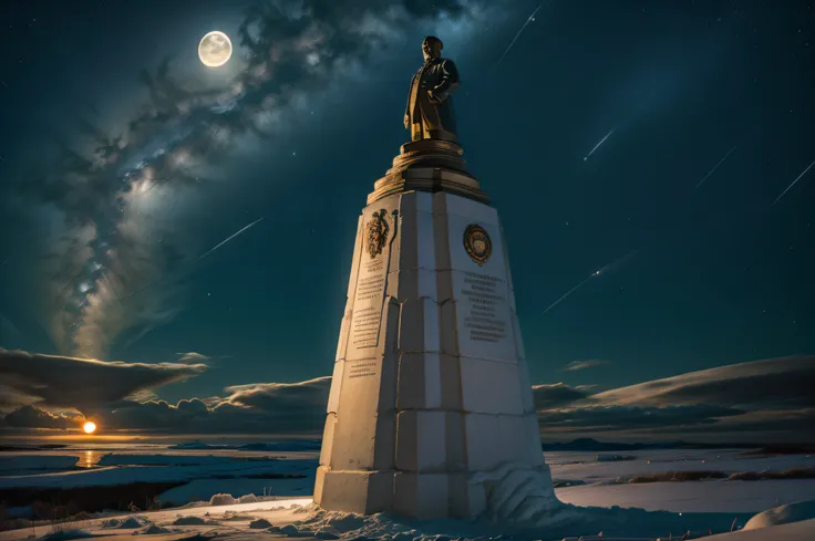 lenin's bust at the pole of inaccessibility, nighttime, moonlight,