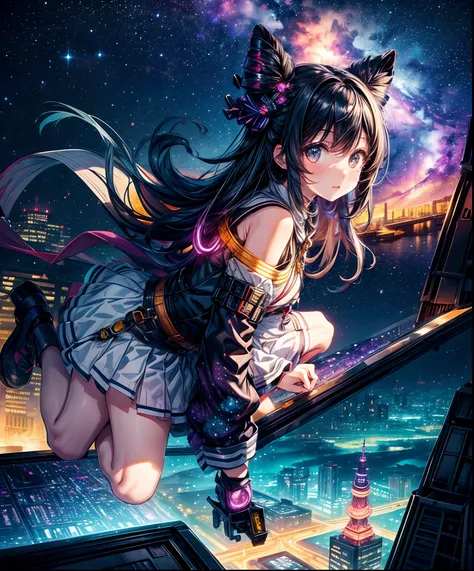 Cute girl characters、 Night view from a high place、Drawing a large number of skyscrapers, Looking up at the starry sky. Surround her with colorful nebulae and colorful metropolis.