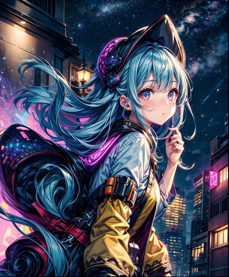 Cute girl characters、 Night view from a high place、Drawing a large number of skyscrapers, Looking up at the starry sky. Surround her with colorful nebulae and colorful metropolis.