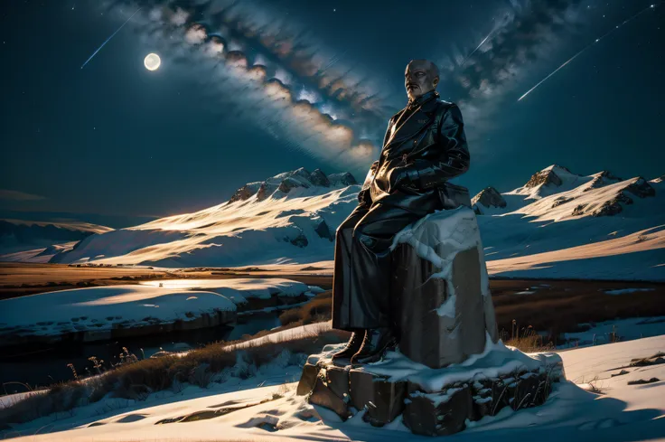 lenin's bust at the pole of inaccessibility, nighttime, moonlight,