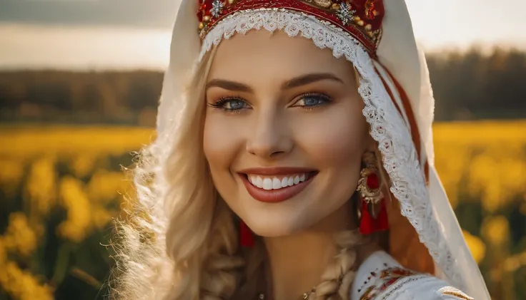 Close up of a smile, Ukrainian girl in white national costume with inscription "I love Ukraine", blonde, makeup, open neckline, autumn colors, sunny day, --ar 16:9