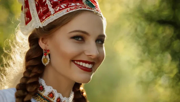 Close up of a smile, Ukrainian girl in white national costume with inscription "I love Ukraine", blonde, makeup, open neckline, autumn colors, sunny day, --ar 16:9