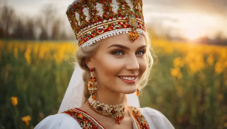 Close up of a smile, Ukrainian girl in white national costume with inscription "I love Ukraine", blonde, makeup, open neckline, autumn colors, sunny day, --ar 16:9