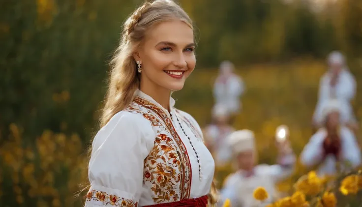 Close up of a smile, Ukrainian girl in white national costume with inscription "I love Ukraine", blonde, makeup, open neckline, autumn colors, sunny day, --ar 16:9