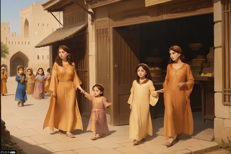 Year: 11th century. Location: Ispahan. Pre-raphaelite scene, 23-year-old, ((two jewish women)), and two little boys, strolling in the ((market)), ((((11th century plain caftan)))) ((11th century jewish hairstyle)), (((cinematic style)))