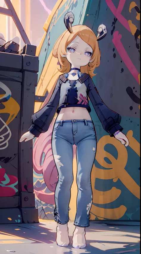 Melousine | genshin impact, master-piece, bestquality, 1girls,25 years old, proportional body, elongated legs, proportional., crop top, Long Jeans, mediuml breasts, ,bara, crop top, choker, (Graffiti:1.5), Splash with purple lightning pattern., arm behind ...