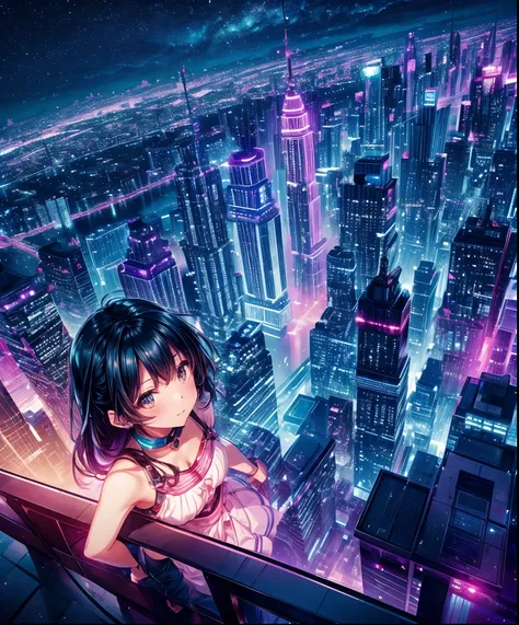 Cute girl characters、 Night view from a high place、Drawing a large number of skyscrapers, Looking up at the starry sky. Surround her with colorful nebulae and colorful metropolis.