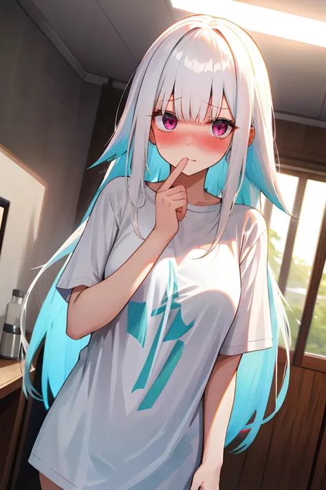 One girl with long hair, white hair, looking at viewer, embarrassed, blushing, indoor , oversized naked t shirt