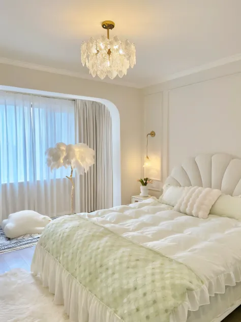 White bedroom with white quilt and pillow Alafid bed, White bed, Bed room, serene and peaceful style, cream - colored room, light cream and white colors, cream and white color scheme, dreamy and detailed, Dreamy and ethereal, Ethereal and dreamy theme, A b...