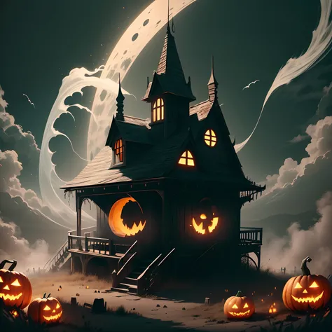 A halloween theme with fun and scary spirit of pumpkins carving and haunted asylums, white backgrounf, printable, cartoonish