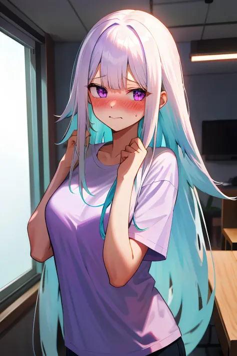 One girl with long hair, white hair, looking at viewer, embarrassed, blushing, indoor , oversized naked t shirt, purple t shirt