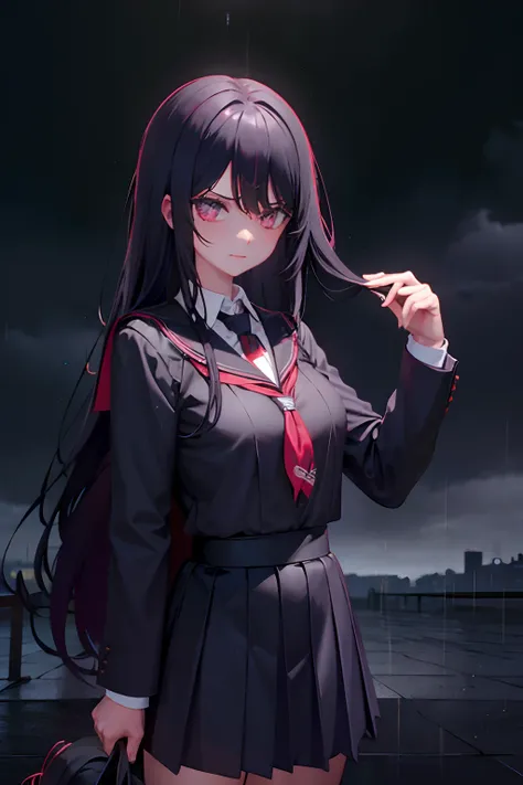 D, evil god, dark school girl outfit, school girl, long hair, only black hair, arrogant, you can see rain and dark in the background,