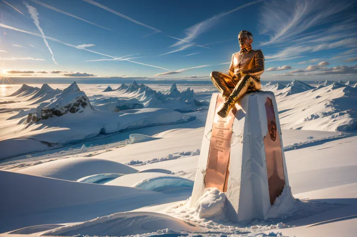 the solid copper bust of lenin sits upon a marble plinth with copper embossed writing in the frozen wasteland of antarctica, day...