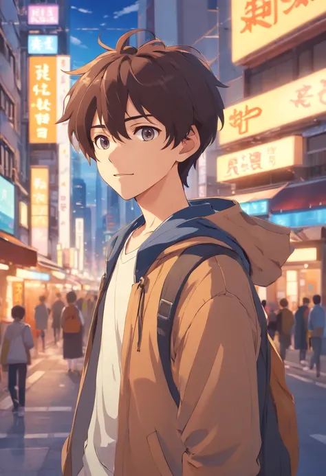 A boy, transformed into an anime style, with exaggerated unique facial features and clothing, standing on a bustling city street, backlit background highlighting the subject, high-contrast colors, 4K high-definition quality，young, smiling, handsome