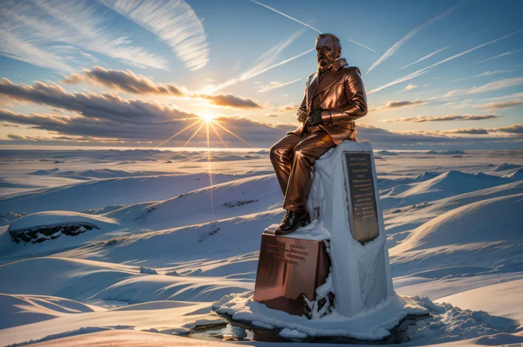 the solid copper bust of lenin sits upon a marble plinth with copper embossed writing in the frozen wasteland of antarctica, day...