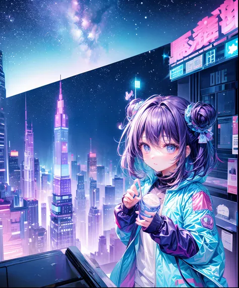 Cute girl characters、 Night view from a high place、Drawing a large number of skyscrapers, Looking up at the starry sky. Surround her with colorful nebulae and colorful metropolis.