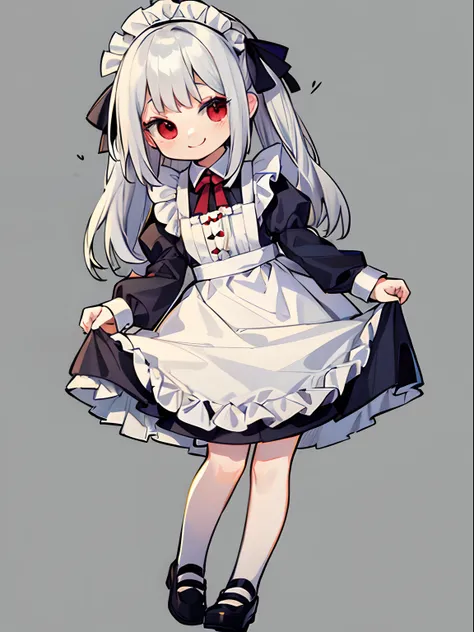 silver-haired woman,red eyes,cute little,a smile,maid clothes,adolable,frilld,long hair,a miniskirt,full body esbian,cute backgr...