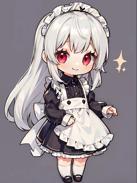 Silver-haired woman,Red Eyes,cute little,A smile,maid clothes,adolable,frilld,Long hair,a miniskirt,full body Esbian,cute background