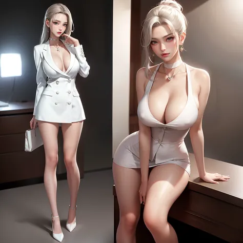 best qualtiy，Full body like，Cinema lenses，Refined face，pretty  face，20yo woman，ssmile，slimfigure，medium chest circumference，Office president white petticoat，Delicate and gorgeous cream white blazer，Office wear，Beth，interior scenes，office room，Open the coll...