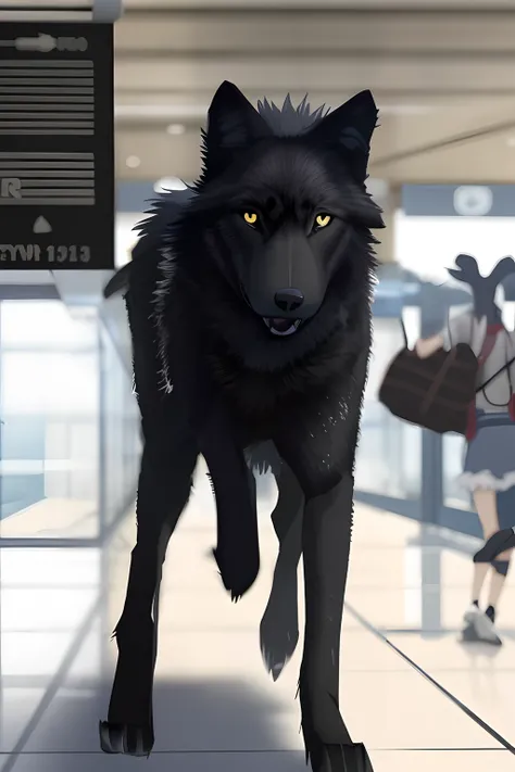 Black Wolf running through the airport hall, Anime style, There is a scoreboard at the airport and a lot of people in the background