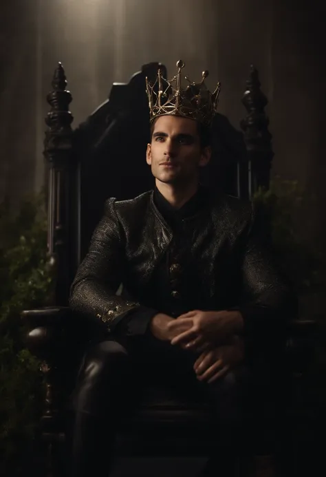 black-haired guy, a cunny grin, elfin ears, black Princes fairy knight suit, crown of thorns, he tied up to the chair