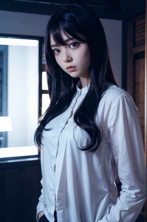 one woman,cosplay,cute face,big eyes,upturned eyes,semi-long hair,indoor,night,dark room,masterpiece, extremely fine and beautiful,photorealistic,boyish,japanese